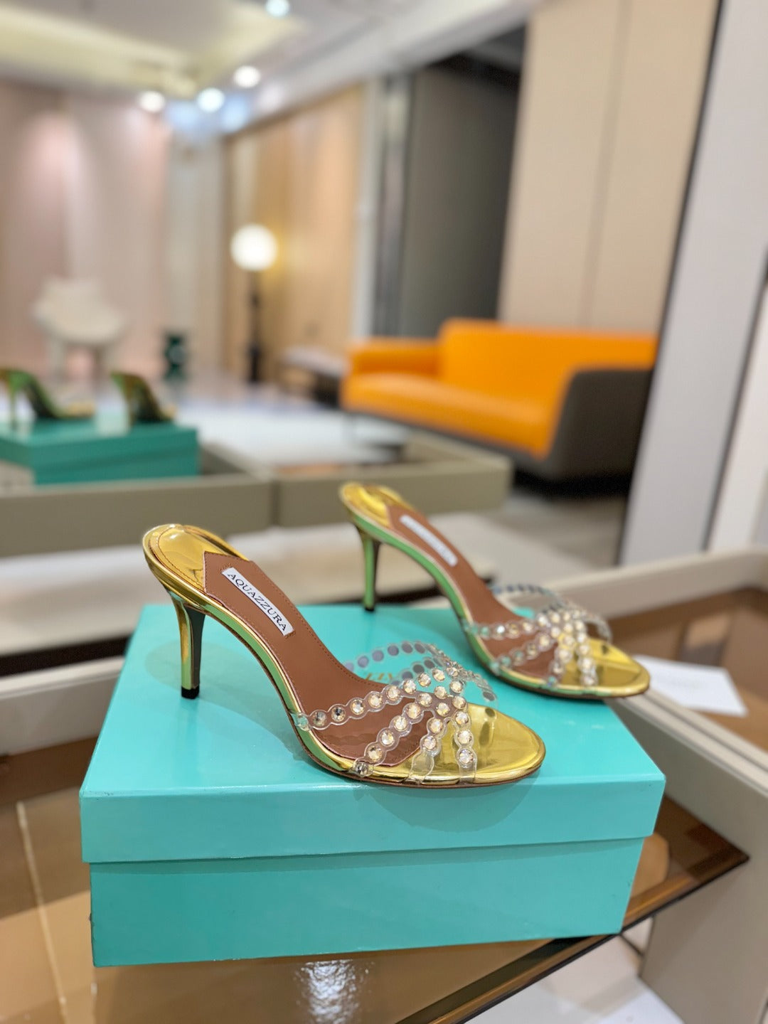 AQUAZZURA 26S TEQUILA HEELED SANDALS 85 MM IN GOLD LAMBSKIN