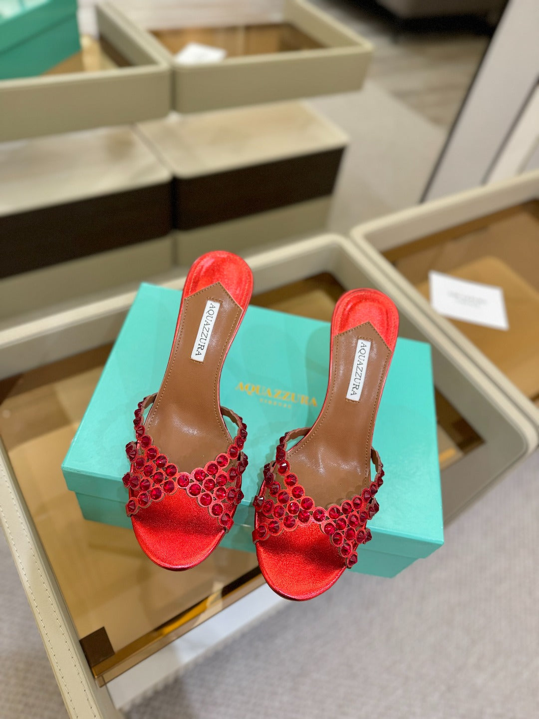 AQUAZZURA 26S TEQUILA HEELED SANDALS 85 MM IN RED LAMBSKIN