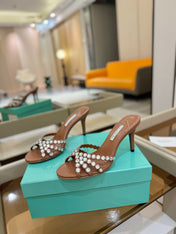 AQUAZZURA 26S TEQUILA HEELED SANDALS 85 MM IN BROWN LAMBSKIN CRYSTAL EMBELLISHED