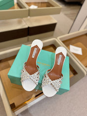 AQUAZZURA 26S TEQUILA HEELED SANDALS 85 MM IN WHITE LAMBSKIN CRYSTAL EMBELLISHED