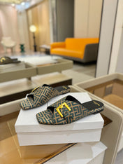 BALMAIN 26S SANDALS IN LIGHT BROWN AND TEAL GRAY CANVAS