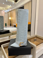 BALMAIN 26S KNEE-HIGH BOOTS 100 MM IN LIGHT BLUE DENIM