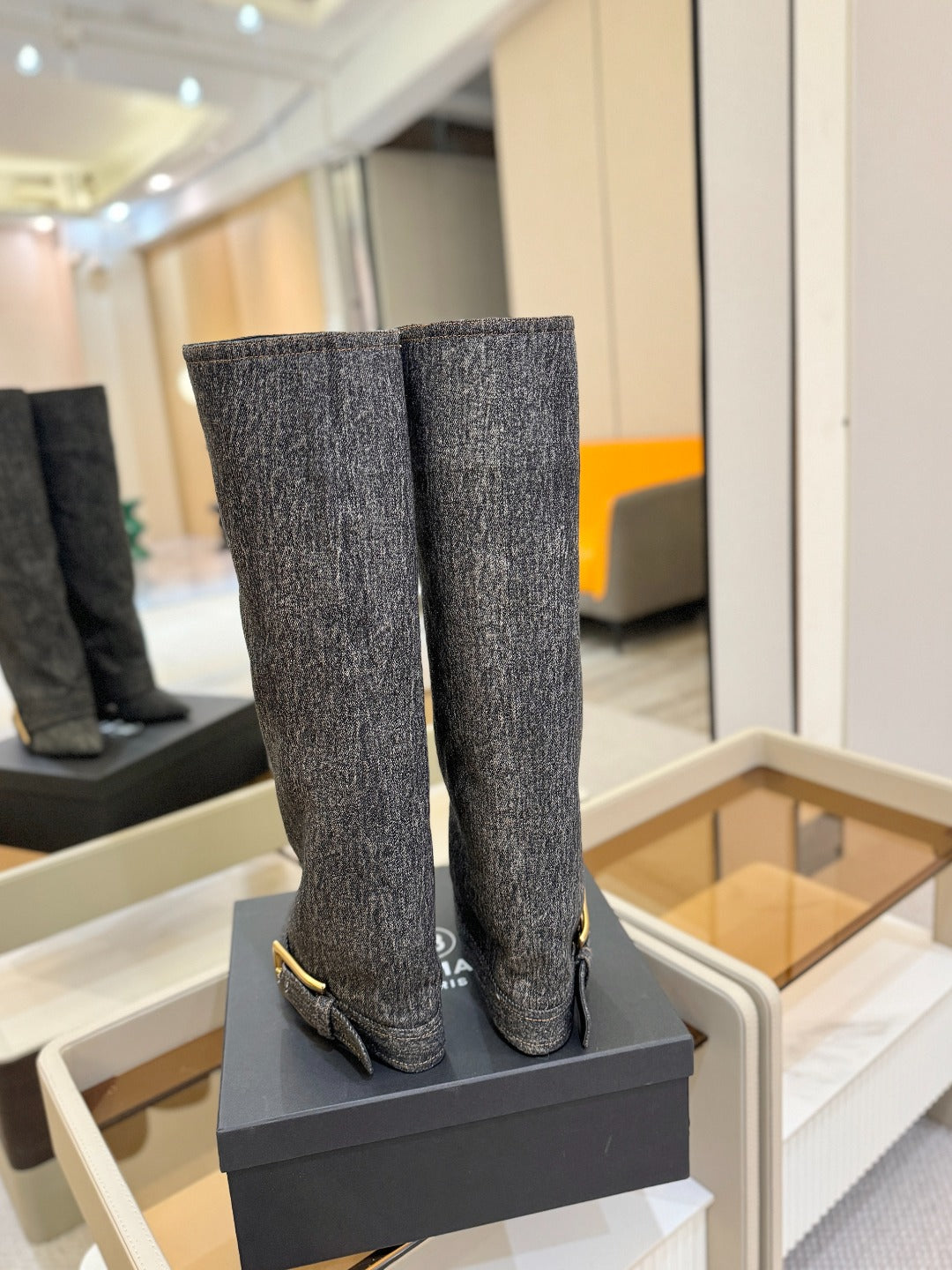 BALMAIN 26S KNEE-HIGH BOOTS 100 MM IN DARK GREY FABRIC