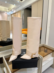 BALMAIN 26S KNEE-HIGH BOOTS 100 MM IN LIGHT BEIGE CALFSKIN