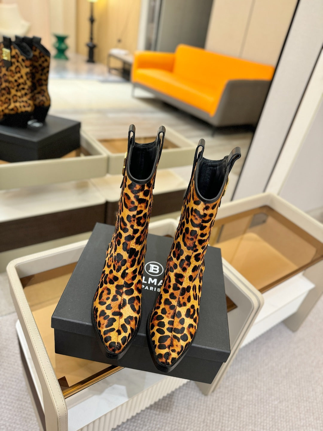 BALMAIN 26S COWBOY ANKLE BOOTS 65 MM IN LEOPARD PRINT PONY HAIR