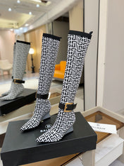 BALMAIN 26S HIGH-TOP BOOTS 75 MM IN BLACK AND WHITE FLYKNIT