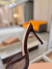 GIANVITO ROSSI 26S POINTED TOE HIGH HEELS 85 MM IN DARK BROWN SUEDE WITH RHINESTONE STRAP