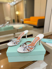 AQUAZZURA 26S TEQUILA HEELED SANDALS 85 MM IN WHITE LAMBSKIN