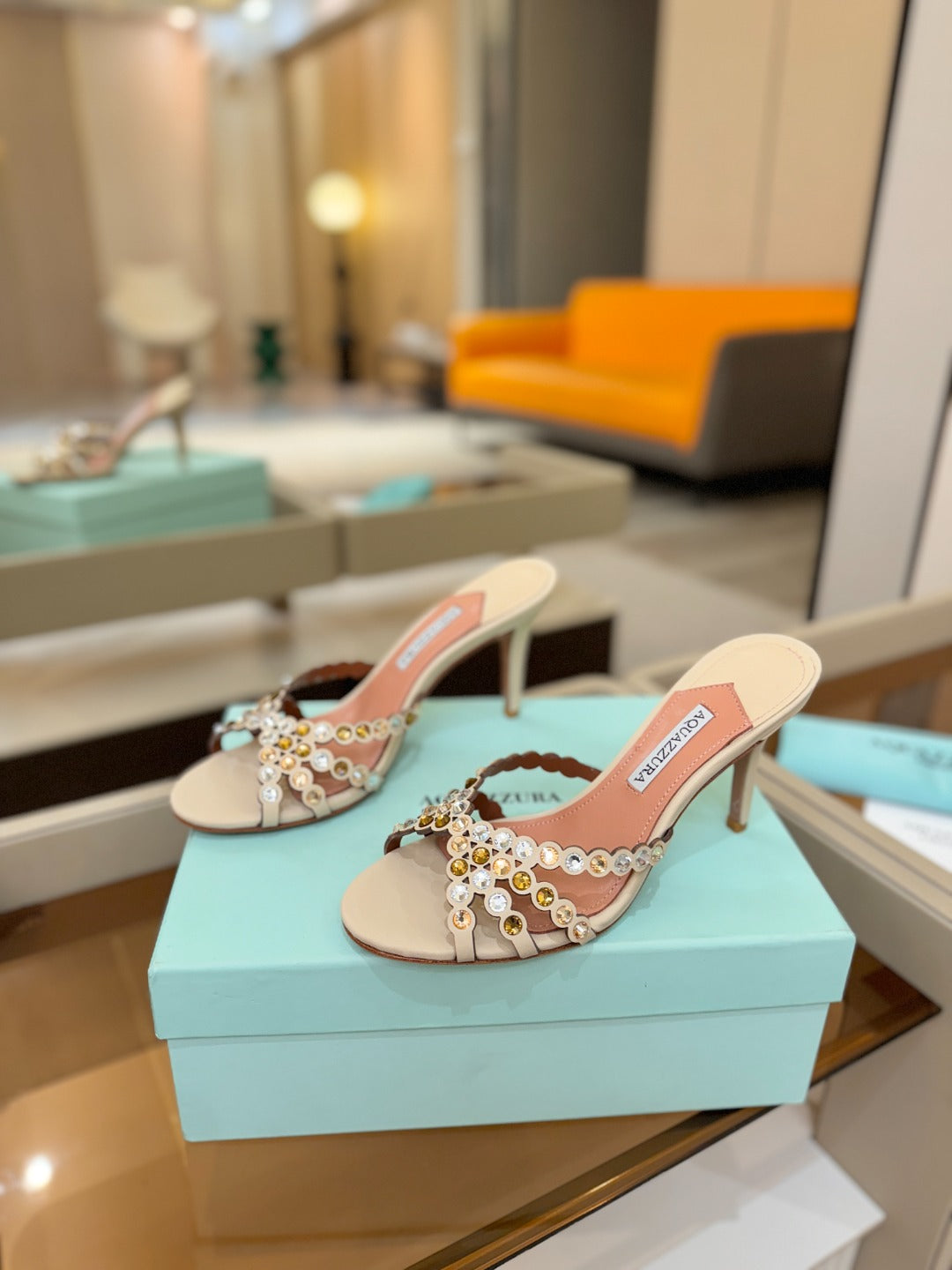 AQUAZZURA 26S TEQUILA HEELED SANDALS 85 MM IN BEIGE LAMBSKIN