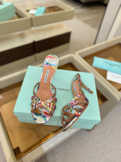 AQUAZZURA 26S TEQUILA HEELED SANDALS 85 MM IN MULTICOLOR SNAKESKIN