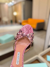 AQUAZZURA 26S TEQUILA HEELED SANDALS 85 MM IN PINK SNAKESKIN WITH MULTICOLOR CRYSTAL