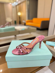 AQUAZZURA 26S TEQUILA HEELED SANDALS 85 MM IN PINK SNAKESKIN WITH MULTICOLOR CRYSTAL