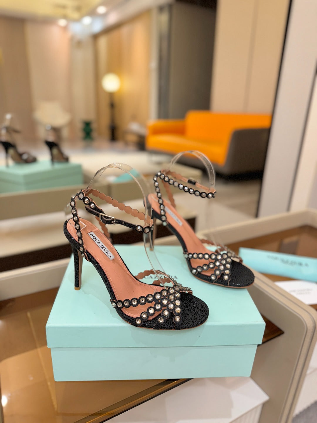 AQUAZZURA 26S STRAPPY HIGH HEELS 105 MM IN BLACK TEXTURED LEATHER