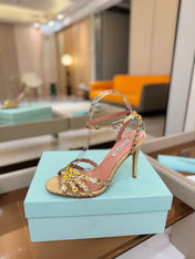 AQUAZZURA 26S STRAPPY HIGH HEELS 105 MM IN GOLD METALLIC TEXTURED LEATHER