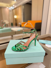 AQUAZZURA 26S STRAPPY HIGH HEELS 105 MM IN GREEN SNAKESKIN