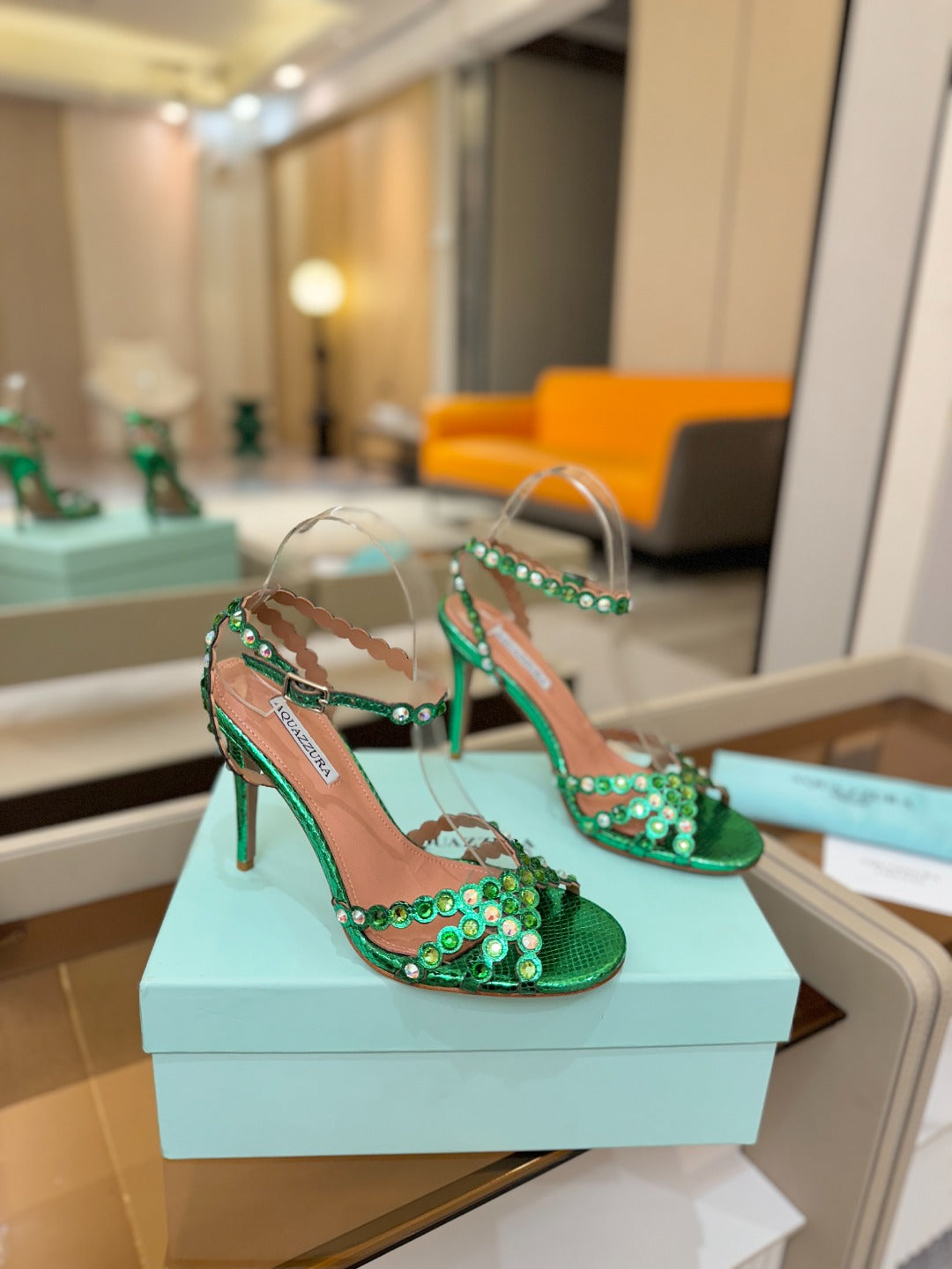 AQUAZZURA 26S STRAPPY HIGH HEELS 105 MM IN GREEN SNAKESKIN
