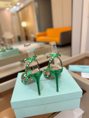 AQUAZZURA 26S STRAPPY HIGH HEELS 105 MM IN GREEN SNAKESKIN