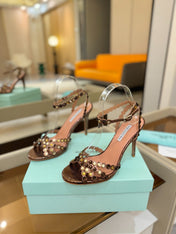 AQUAZZURA 26S STRAPPY HIGH HEELS 105 MM IN BROWN SNAKESKIN