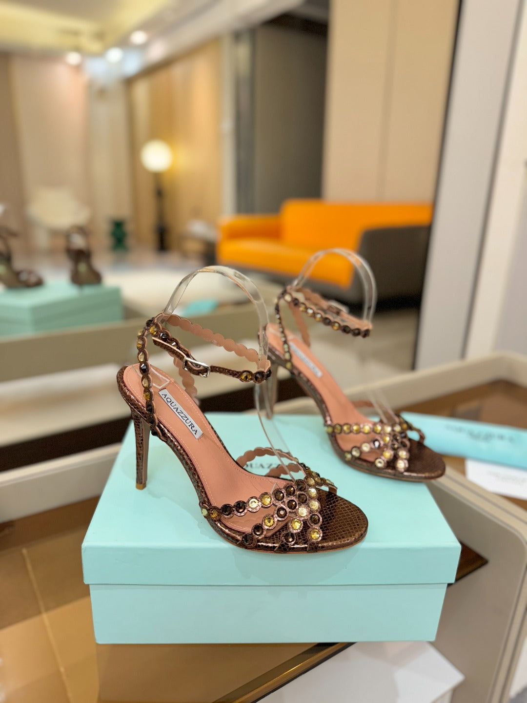 AQUAZZURA 26S STRAPPY HIGH HEELS 105 MM IN BROWN SNAKESKIN