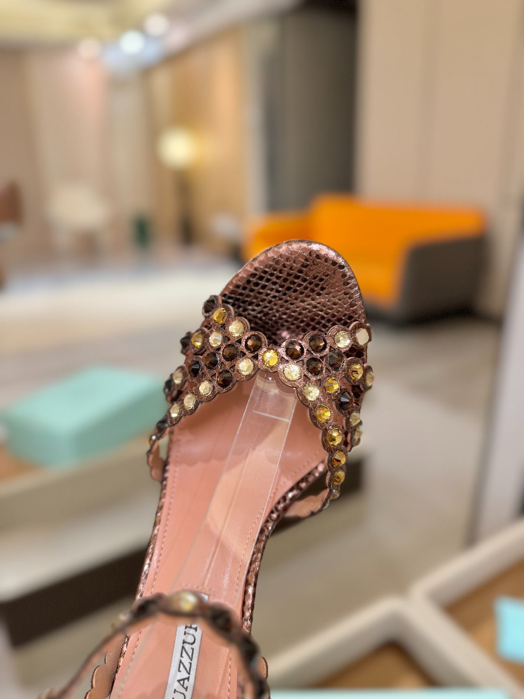 AQUAZZURA 26S STRAPPY HIGH HEELS 105 MM IN BROWN SNAKESKIN