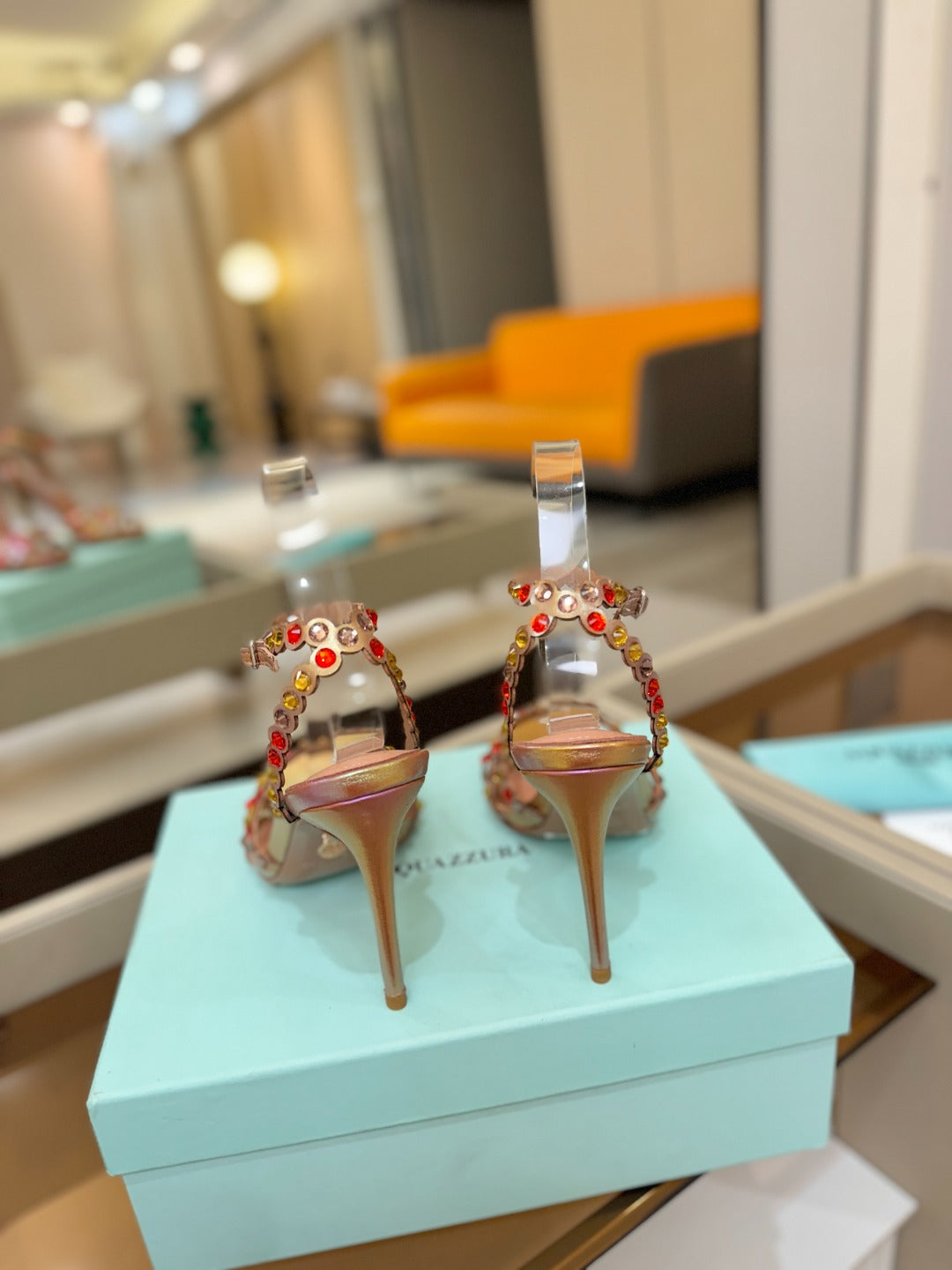 AQUAZZURA 26S STRAPPY HIGH HEELS 105 MM IN ROSE GOLD HOLOGRAM LAMBSKIN