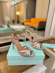 AQUAZZURA 26S STRAPPY HIGH HEELS 105 MM IN SILVER PATENT LAMBSKIN