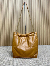 DRAWSTRING CHAIN STRAP SHOULDER BAG 39 IN TORTILLA BROWN QUILTED CALFSKIN