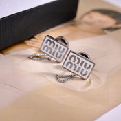 MIUMIU 26S RECTANGULAR LOGO CHAIN STUD EARRINGS IN SILVER TONE METAL 629947