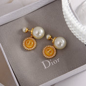 CD 26S DOUBLE PEARL MEDALLION LOGO DROP EARRINGS IN GOLD METAL