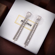 MIUMIU 26S SQUARE CRYSTAL CASCADE TASSEL DROP EARRINGS IN SILVER TONE METAL 635075