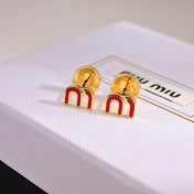 MIUMIU 26S MINI ARCH LOGO RED ENAMEL STUD EARRINGS IN GOLD TONE METAL 635076