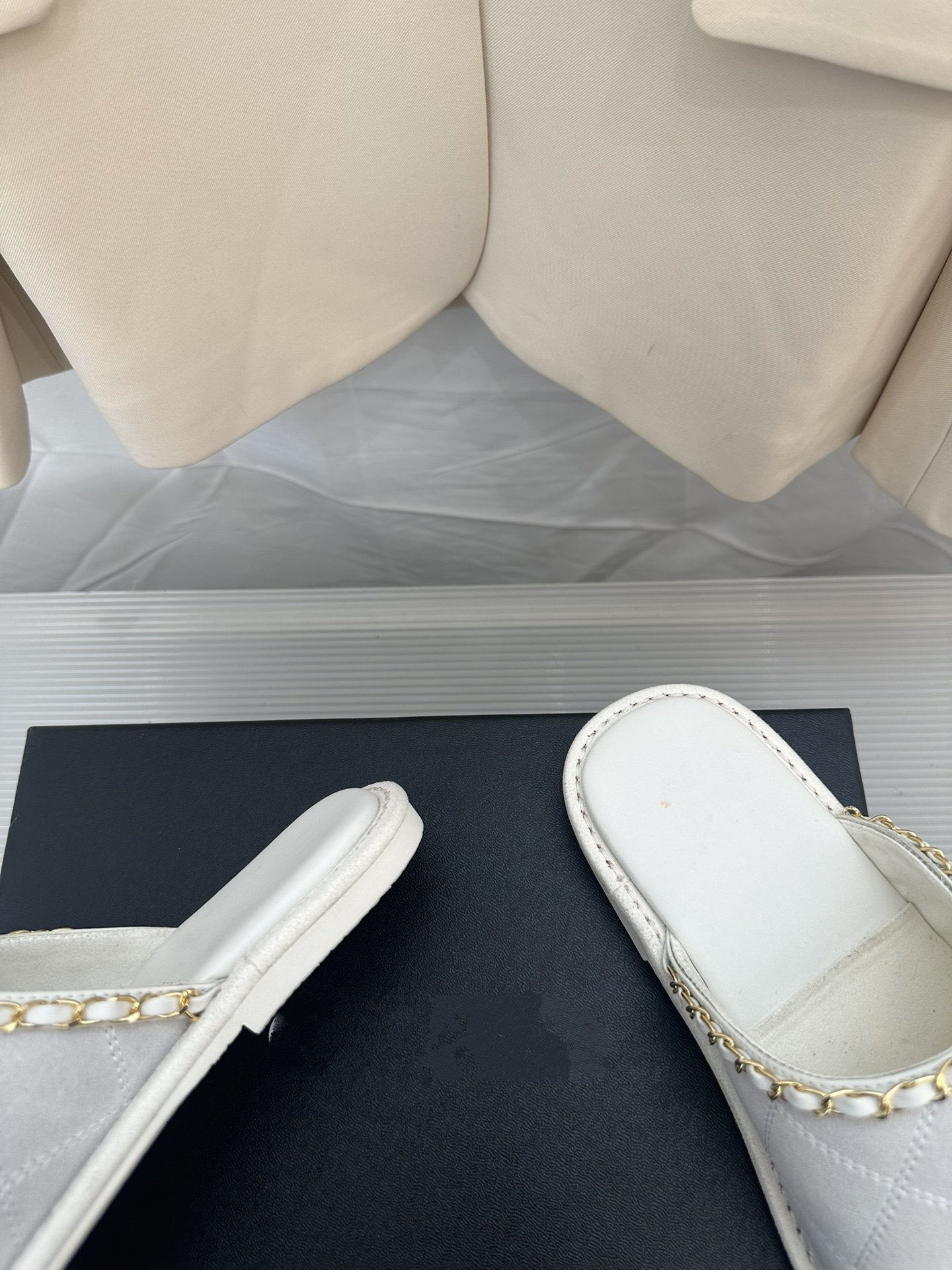 CC White Suede Gold Chain Mules