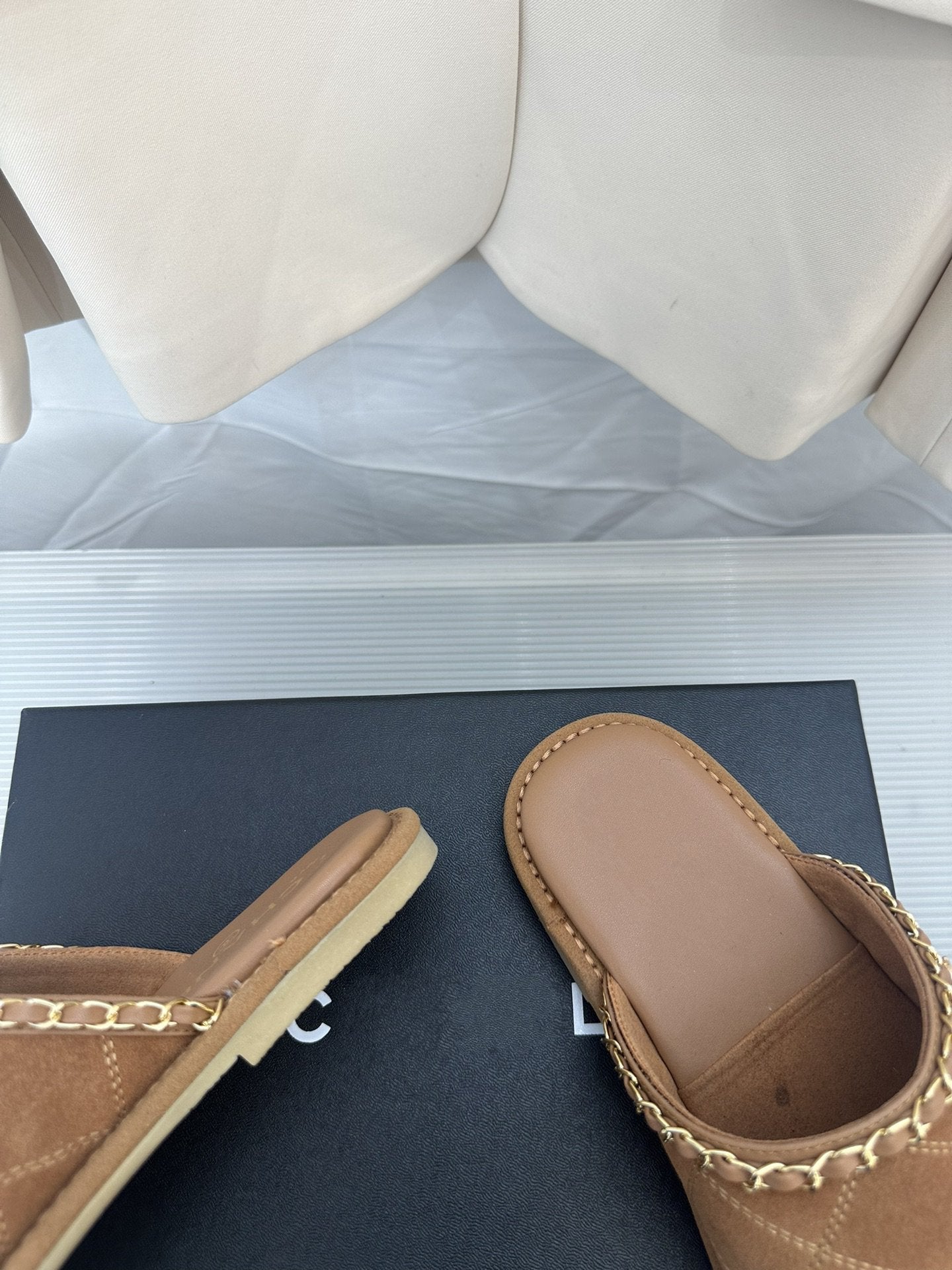 CC Brown Suede Gold Chain Mules