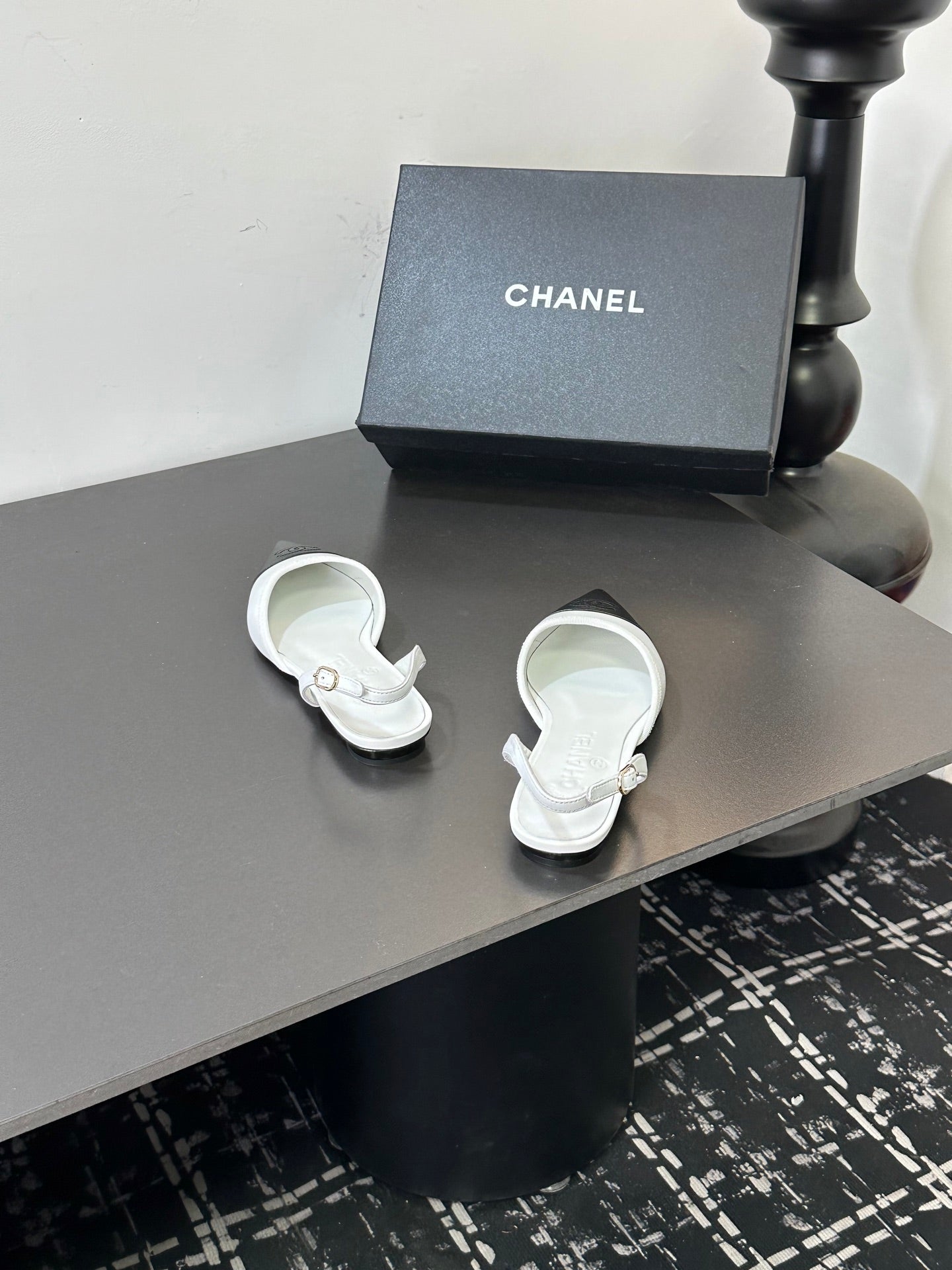 CHANEL 26S POINTED-TOE SLINGBACKS IN WHITE AND BLACK LAMBSKIN