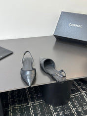 CHANEL 26S SLINGBACK FLATS IN BLACK LAMBSKIN