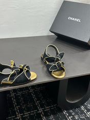 CHANEL 26S BOW SANDALS IN BLACK MIX GOLD SATIN