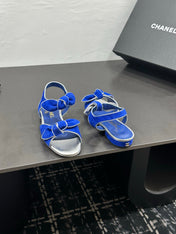 CHANEL 26S BOW SANDALS IN BLUE AND SILVER SUEDE