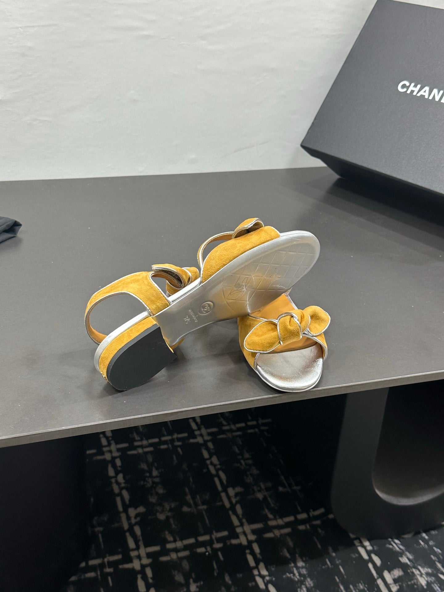 CHANEL 26S BOW SANDALS IN MUSTARD YELLOW AND SILVER SUEDE