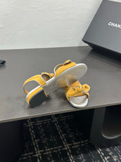CHANEL 26S BOW SANDALS IN MUSTARD YELLOW AND SILVER SUEDE