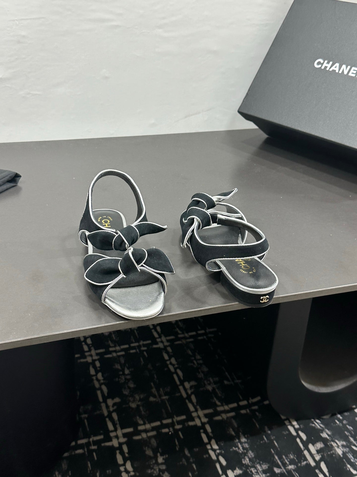CHANEL 26S BOW SANDALS IN BLACK AND SILVER SUEDE