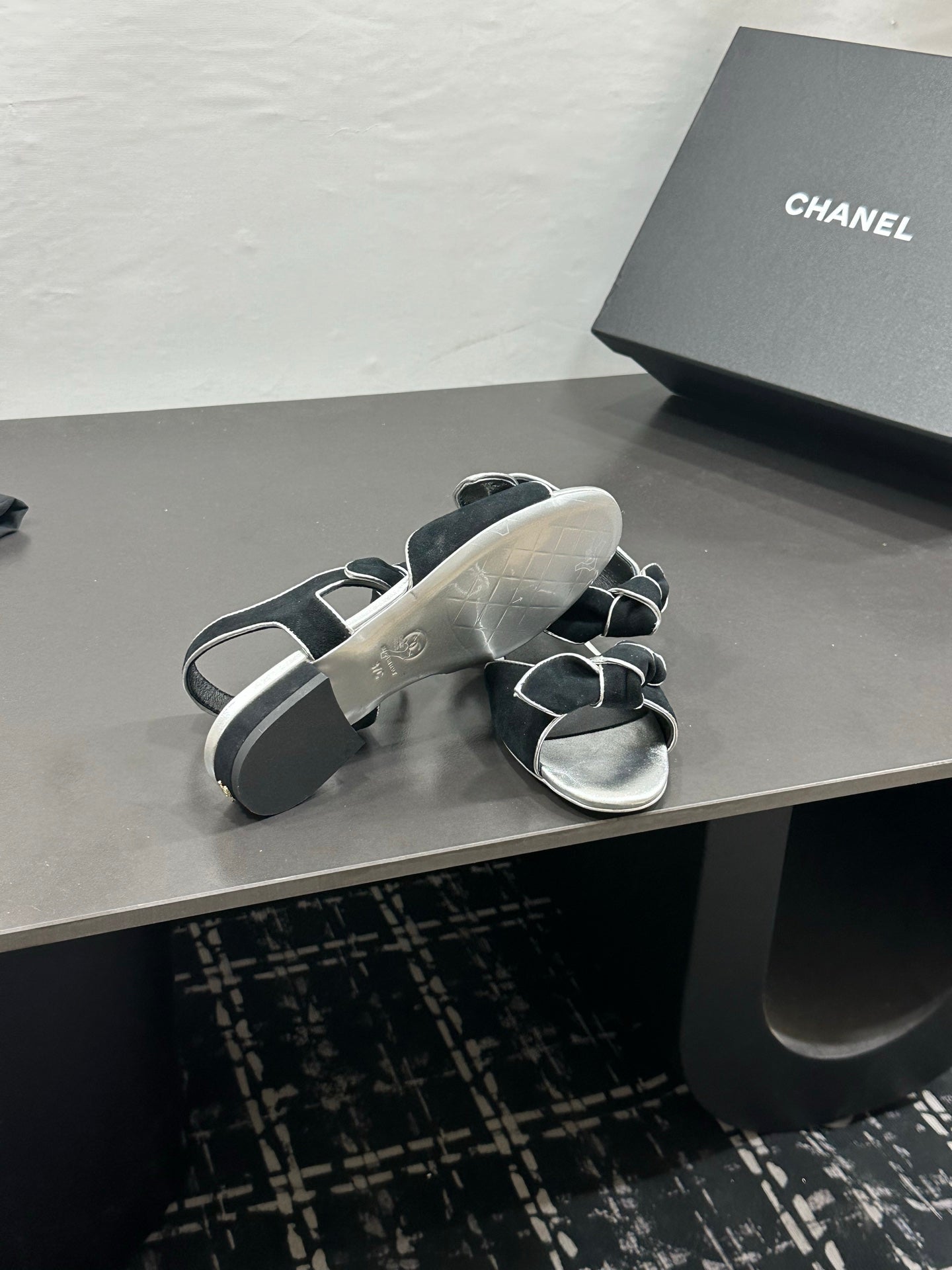 CHANEL 26S BOW SANDALS IN BLACK AND SILVER SUEDE