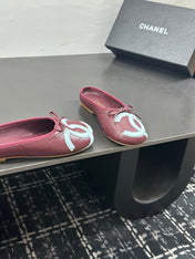 CHANEL 26S BALLET FLATS IN DARK RED CALFSKIN WITH WHITE CC LOGO