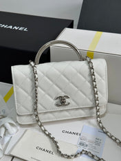FLAP BAG WITH SILVER-TONE HANDLE 19 IN WHITE CAVIAR SKIN