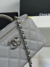MINI VANITY TOP HANDLE CASE 17 IN GREY CAVIAR SKIN SILVER-TONE PLATED METAL
