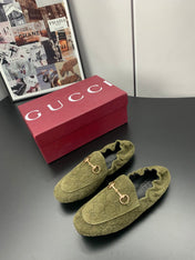 GUCCI 26S LOAFERS IN MOSS GREEN SUEDE WITH GOLD HARDWARE