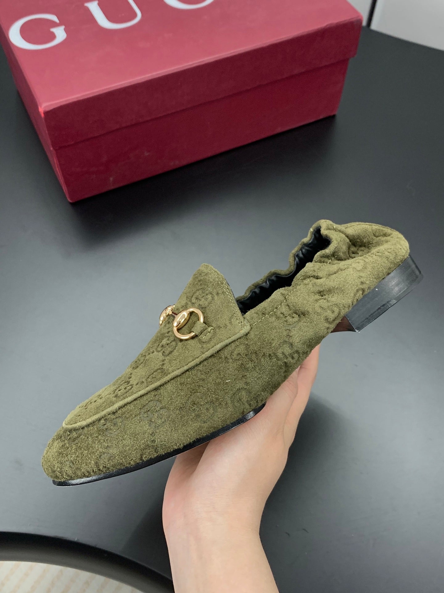 GUCCI 26S LOAFERS IN MOSS GREEN SUEDE WITH GOLD HARDWARE