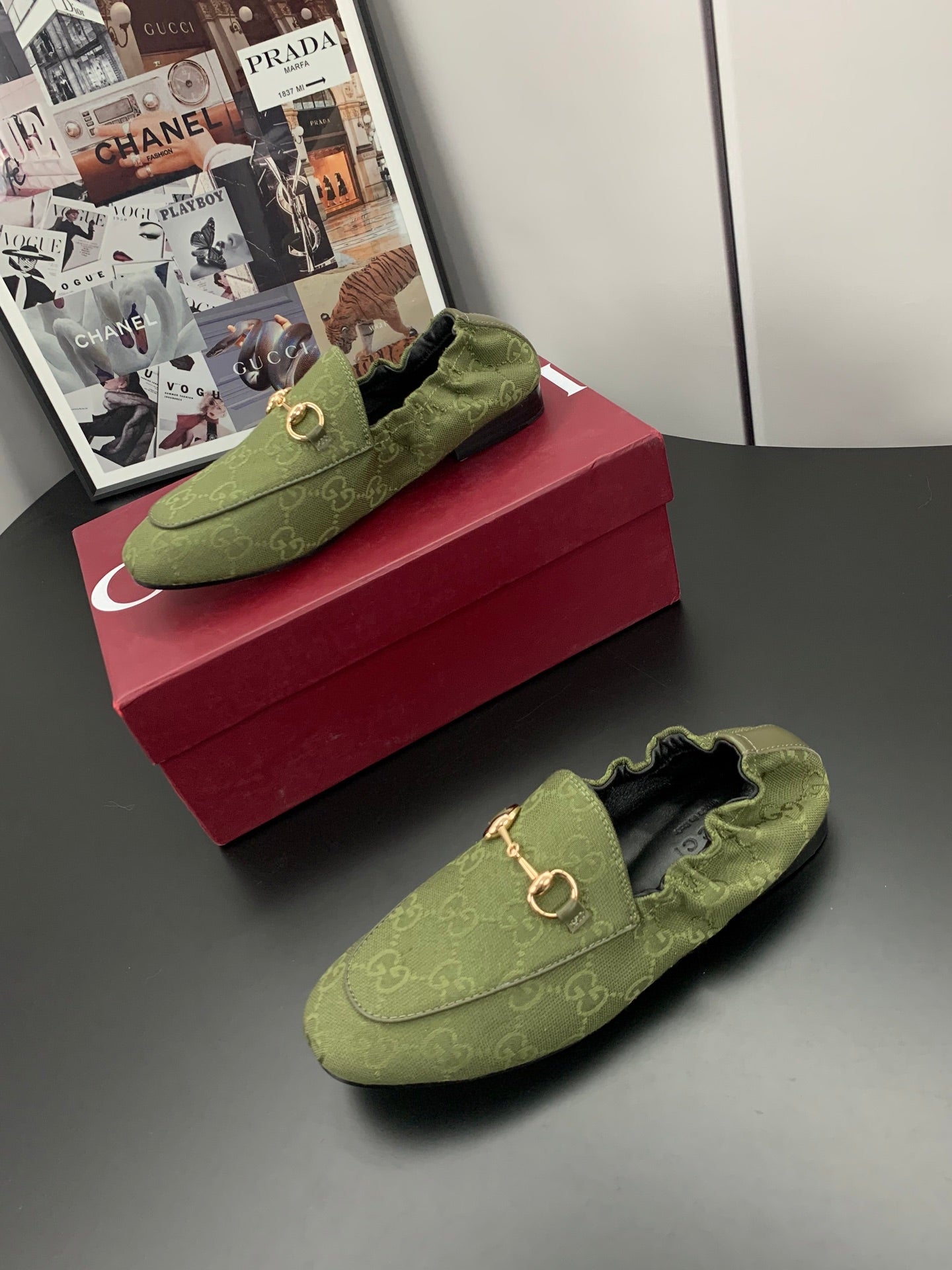GUCCI 26S LOAFERS IN MOSS GREEN CANVAS