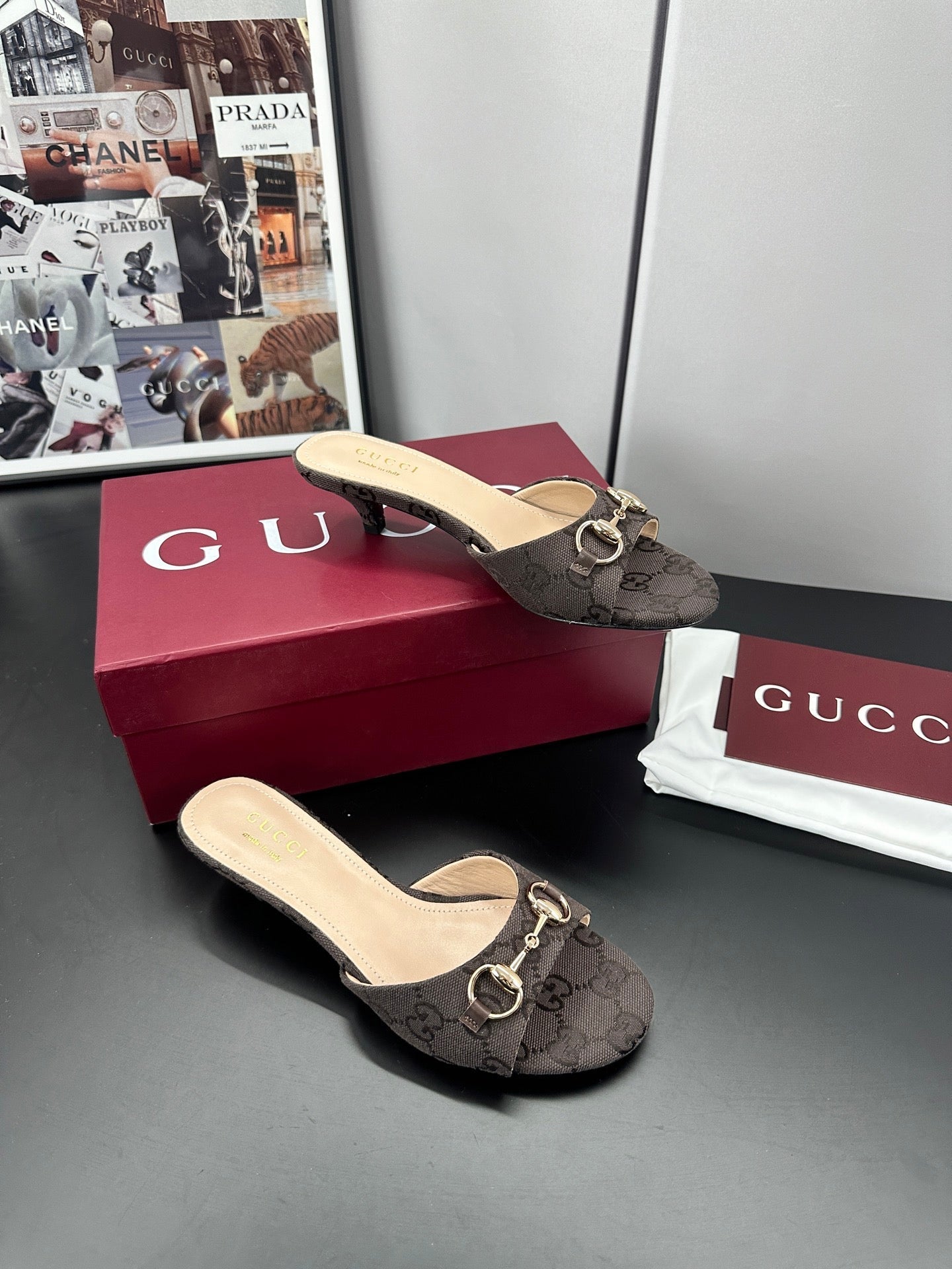 GUCCI 26S HIGH-HEELED SANDALS 50 MM IN DARK BROWN CANVAS