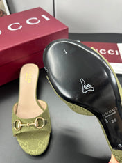 GUCCI 26S HIGH-HEELED SANDALS 50 MM IN MOSS GREEN CANVAS