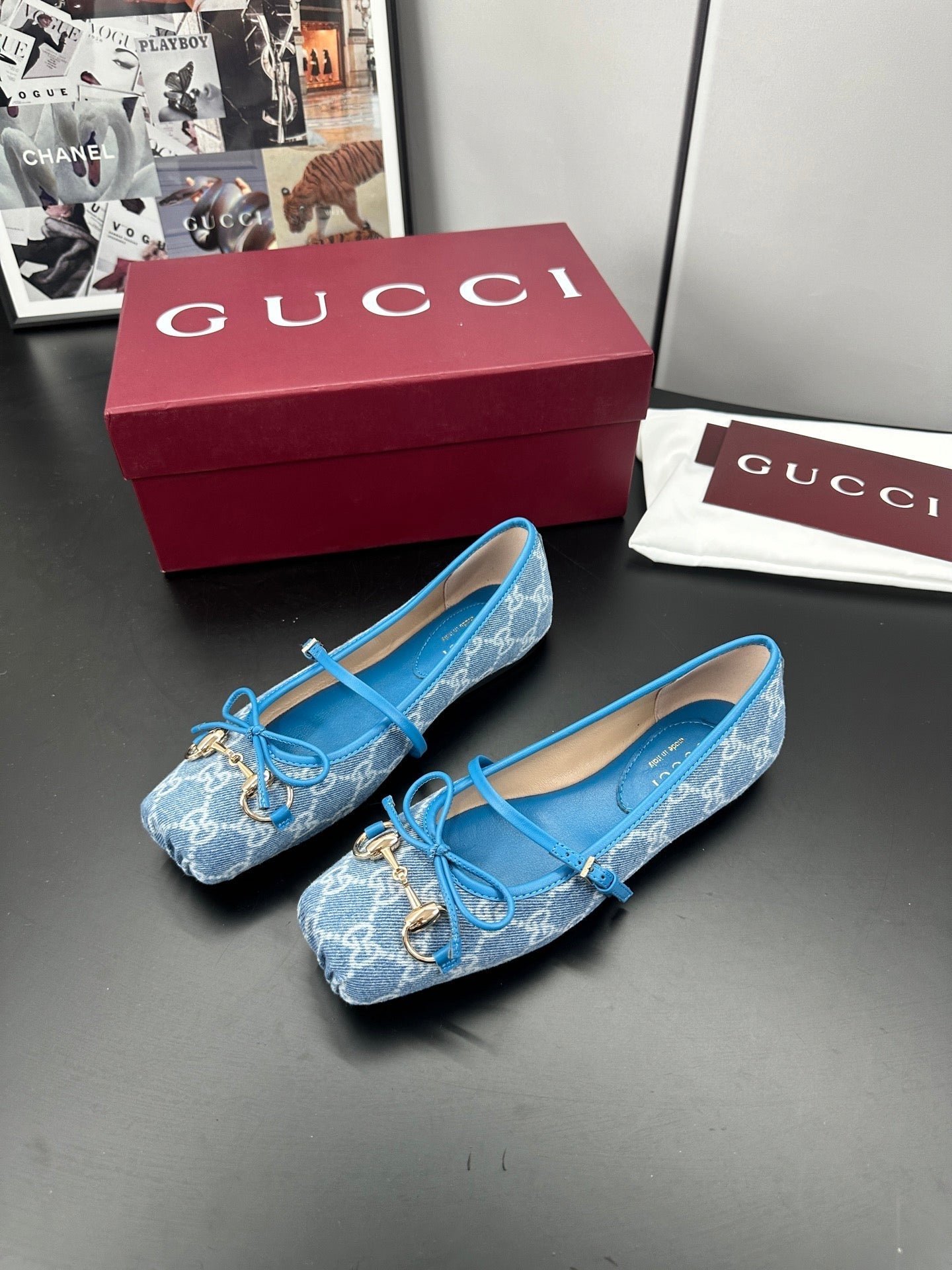 GUCCI 26S BALLET FLATS IN BLUE DENIM